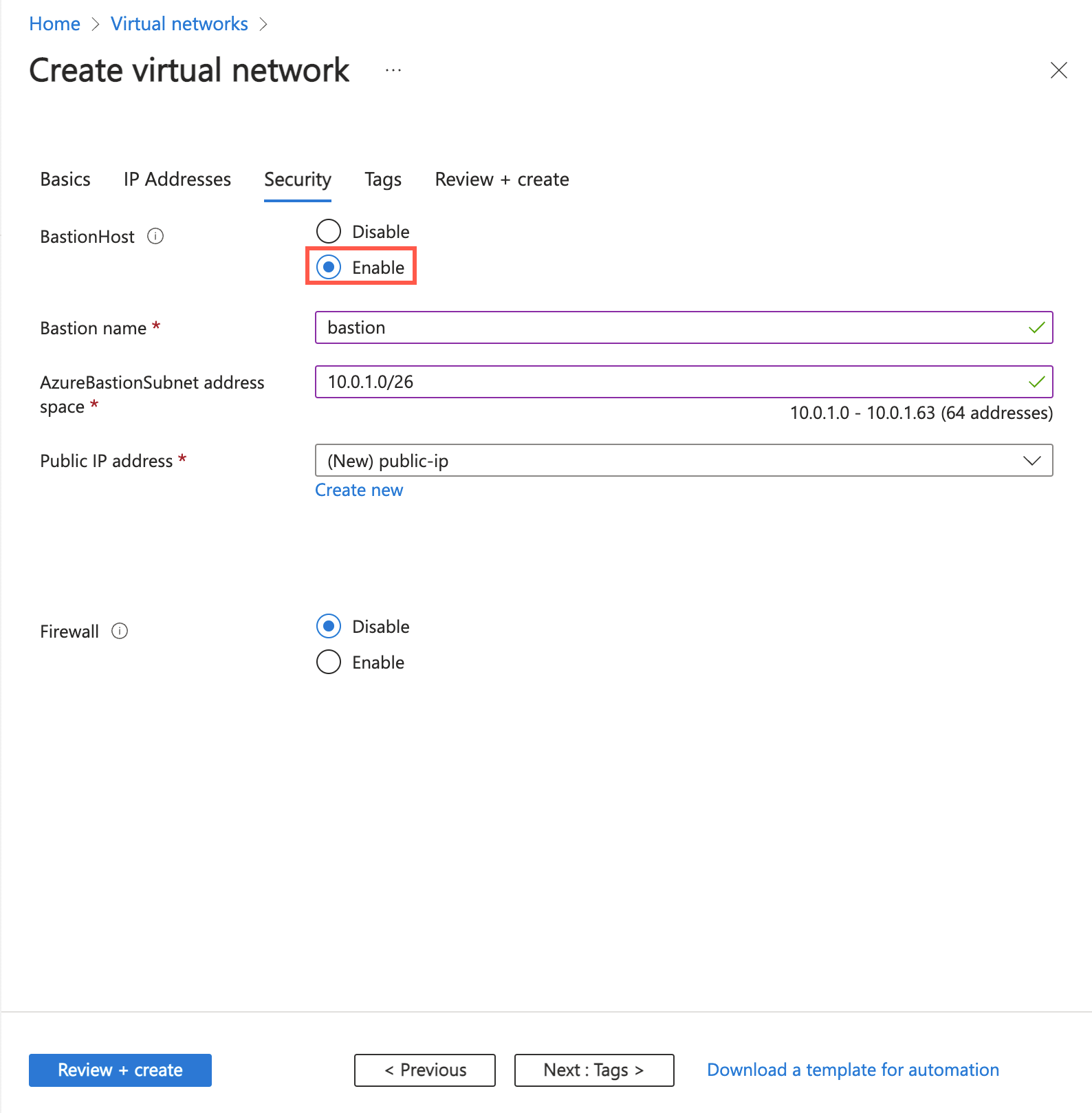 Screenshot of enable bastion host in Create virtual network in the Azure portal.