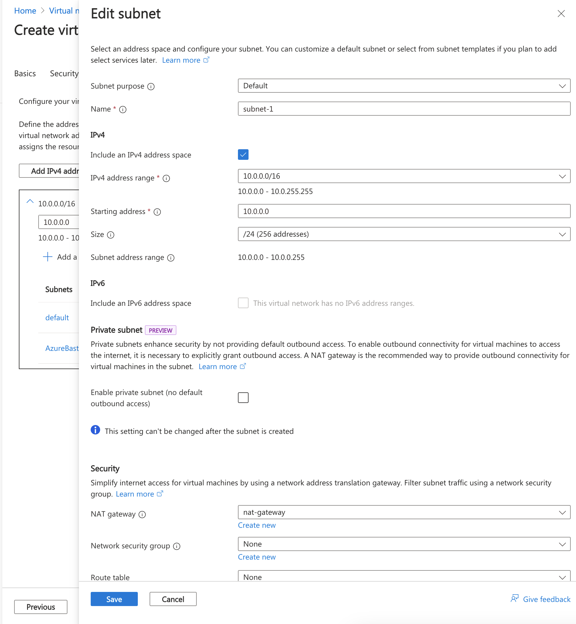 Screenshot of IP address space and subnet creation in Create virtual network in the Azure portal.