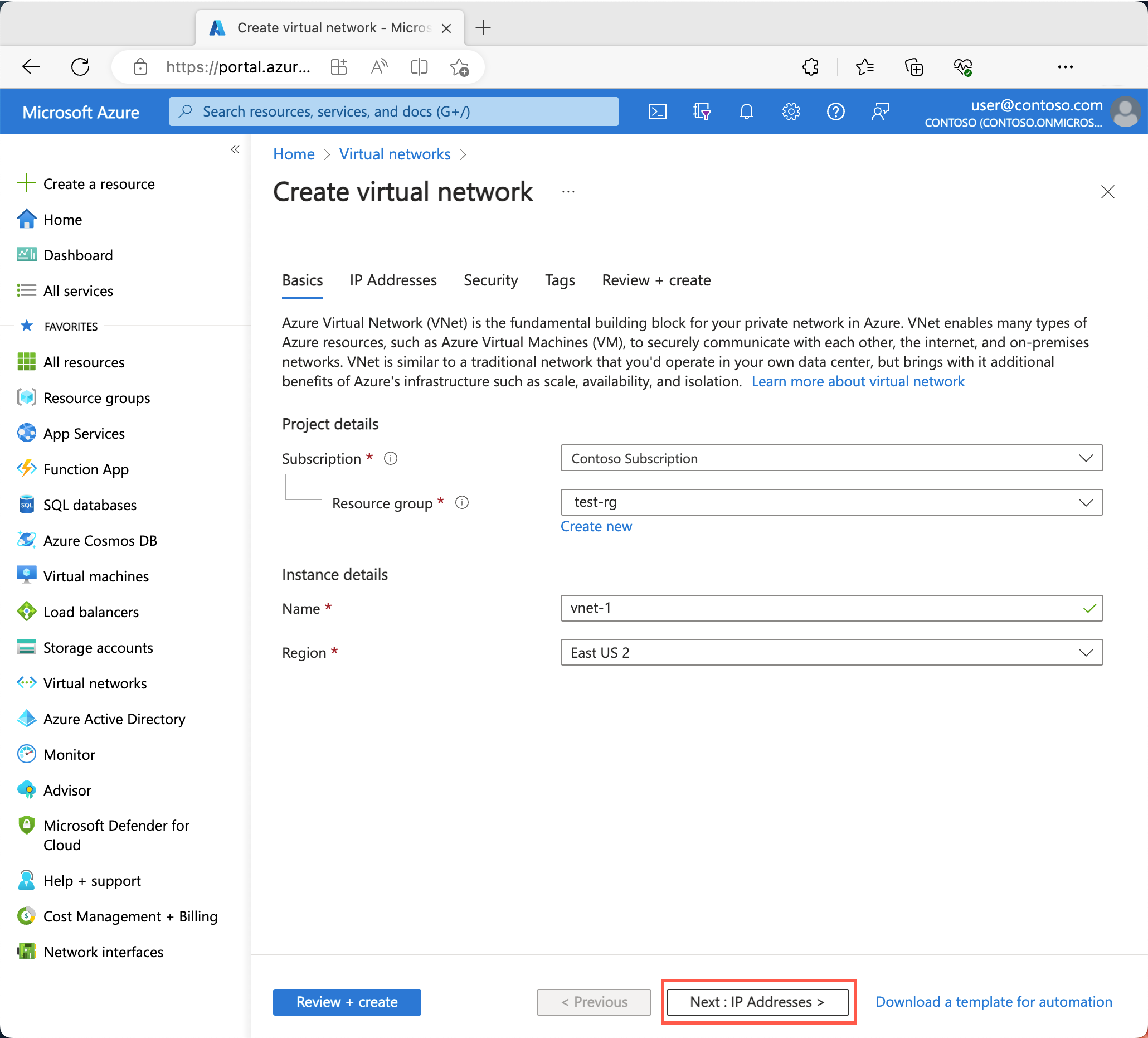 Screenshot of Basics tab of Create virtual network in the Azure portal.