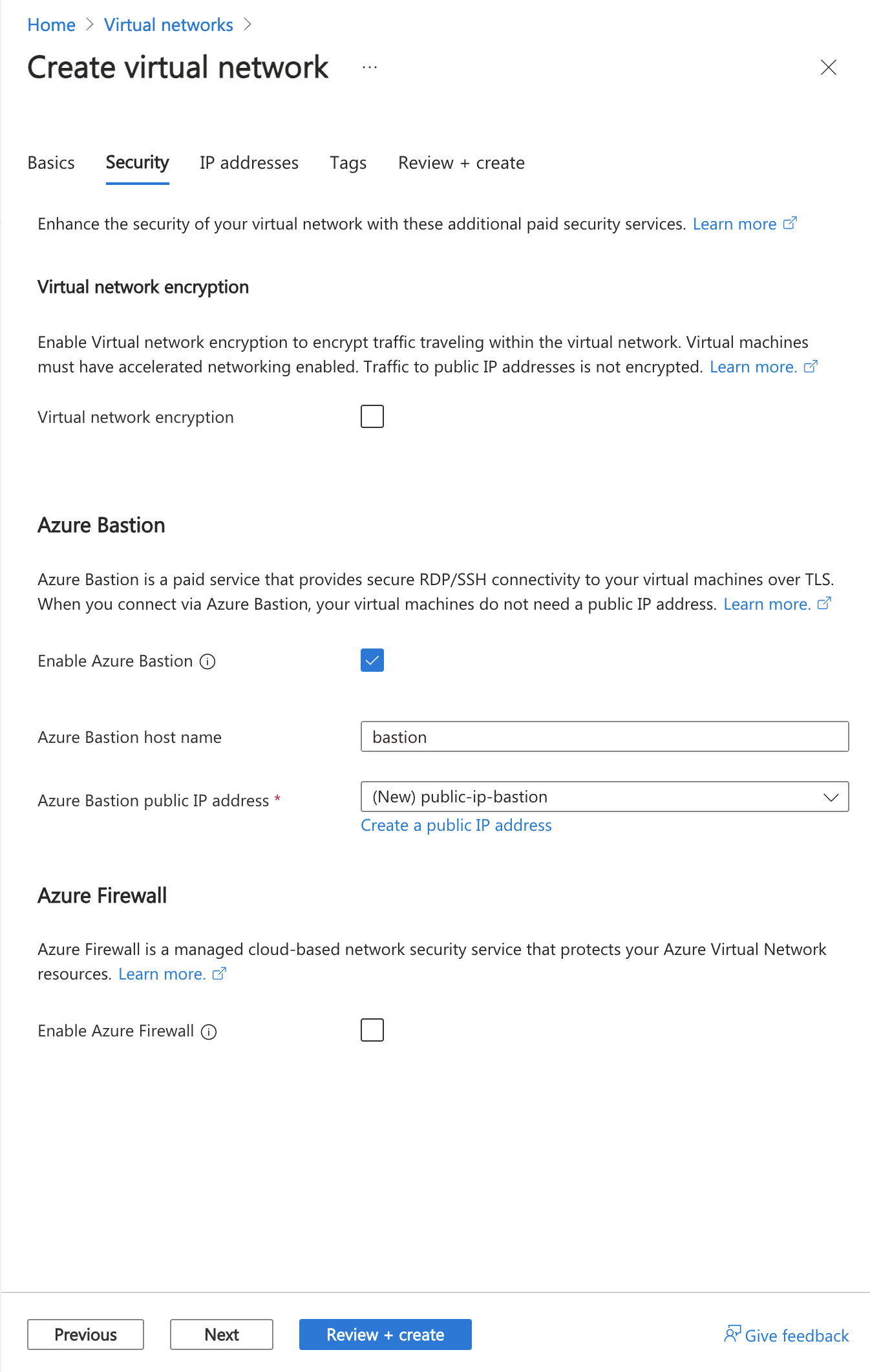 Screenshot of enable bastion host in Create virtual network in the Azure portal.