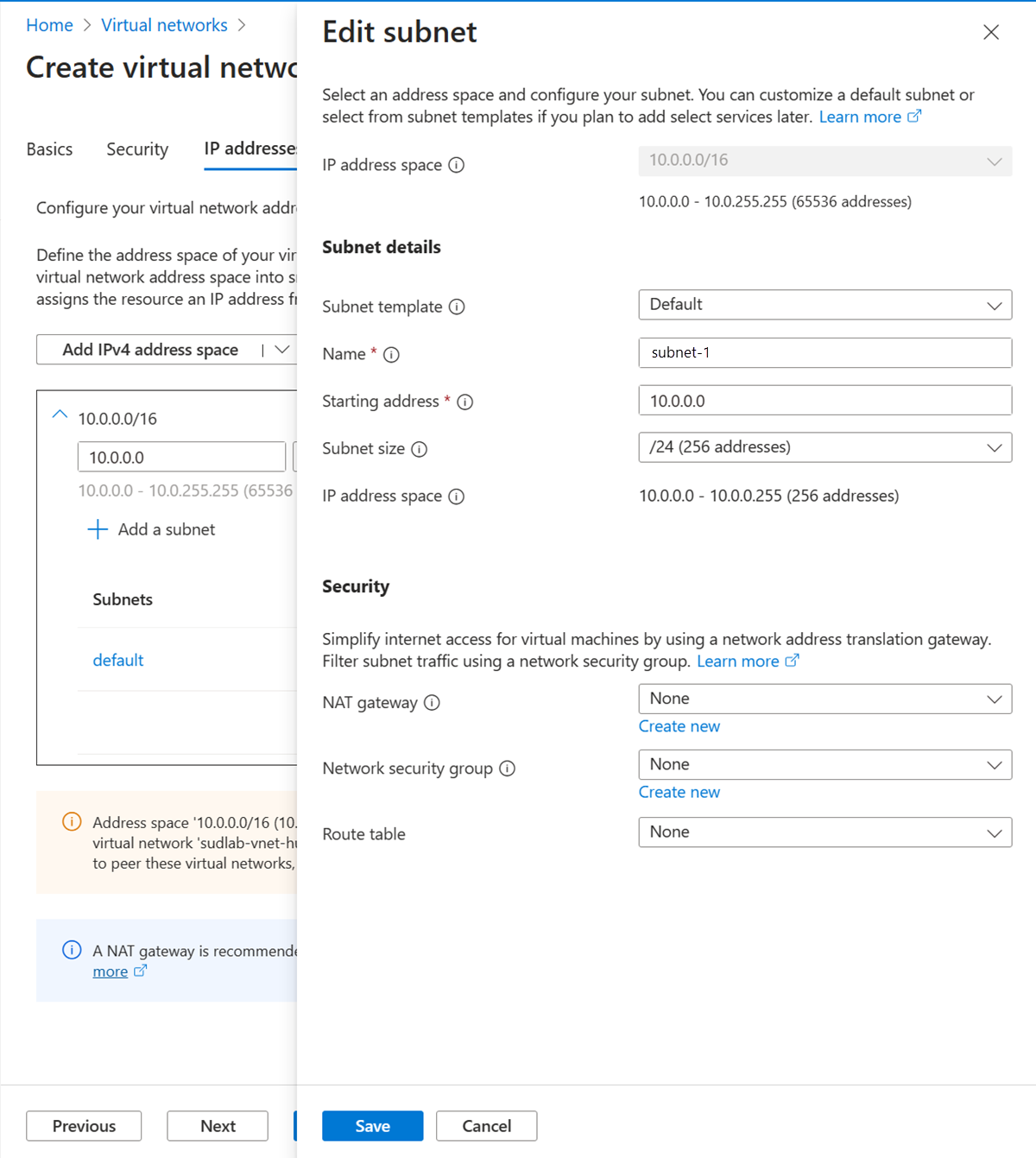 Screenshot of default subnet rename and configuration.