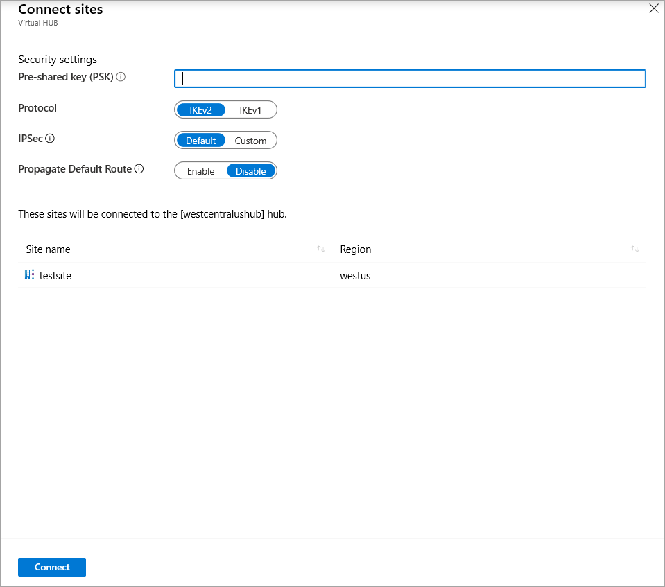 Screenshot shows the Connected Sites pane for Virtual HUB ready for a Pre-shared key and associated settings.