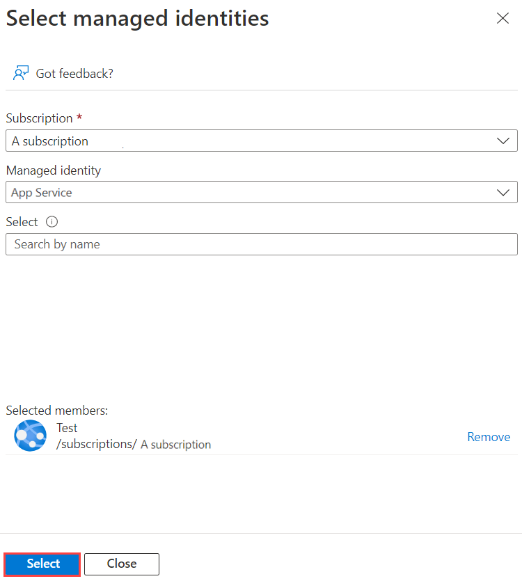 Screenshot that shows the select managed identities page.