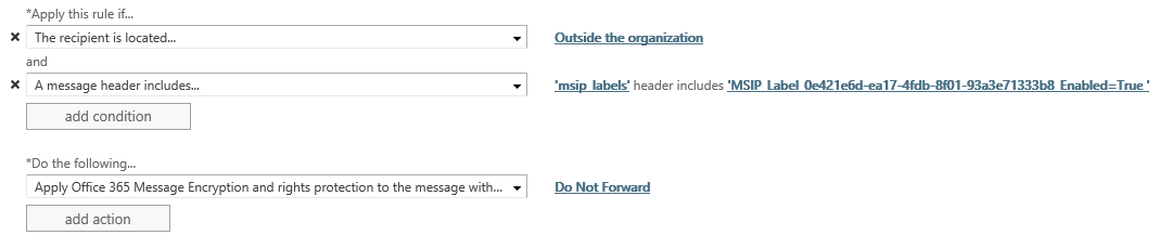 Exchange Online mail flow rule configured for an Azure Information Protection label - example 1