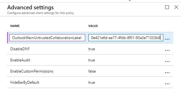 Azure Information Protection tutorial - create OutlookWarnUntrustedCollaborationLabel advanced client setting 