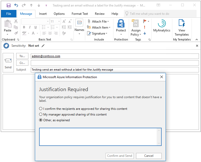 Azure Information Protection tutorial - see OutlookUnlabeledCollaborationAction advanced client setting with Justify value