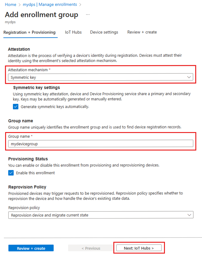 Screenshot that shows adding an enrollment group for symmetric key attestation.