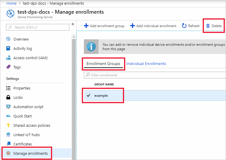 Delete enrollment group entry in the portal