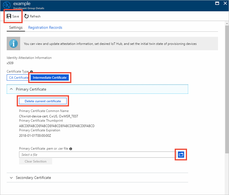 Screenshot that shows replacing an intermediate certificate for an enrollment group.