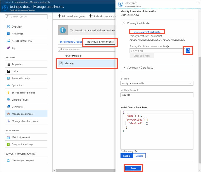 Screenshot that shows how to remove a certificate and upload new ones.