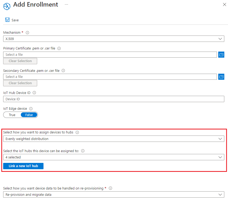 Screenshot that shows the allocation policy and selected hubs settings on IoT hubs tab.