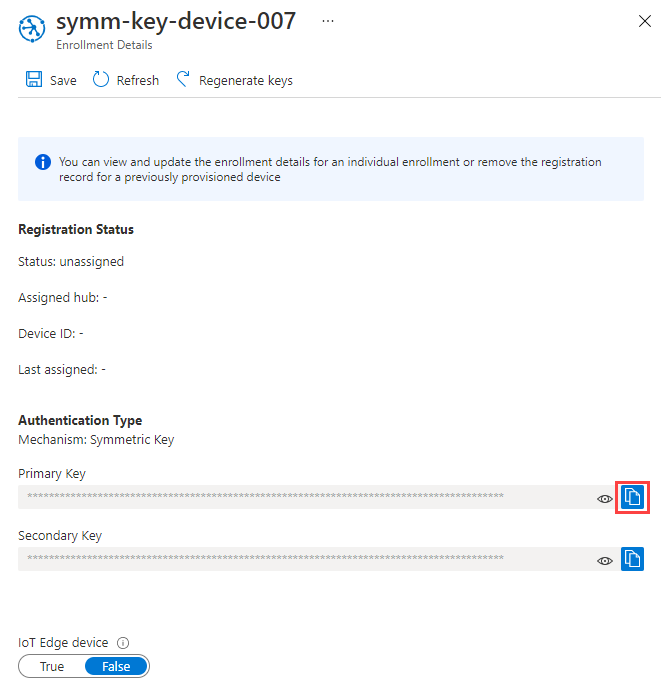 Screenshot showing the enrollment details, highlighting the Copy button for the primary key of the device enrollment