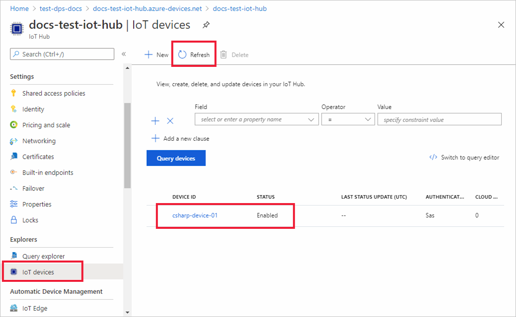 Screenshot showing that the device is registered with the IoT hub and enabled for the C# example.