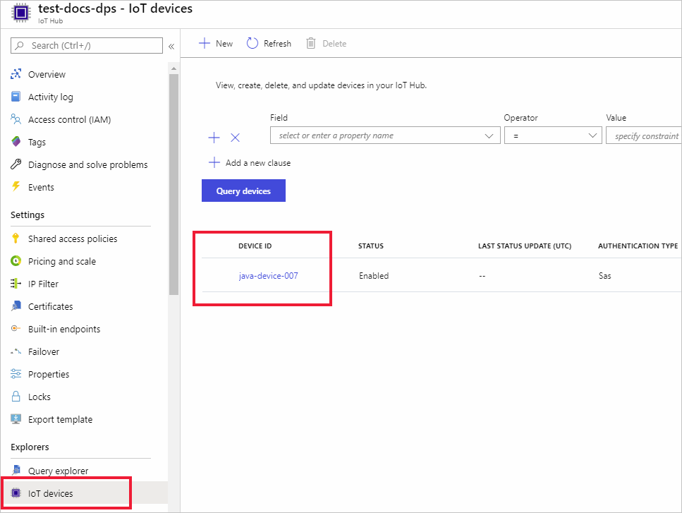 Screenshot showing that the device is registered with the IoT hub and enabled for the Java example.