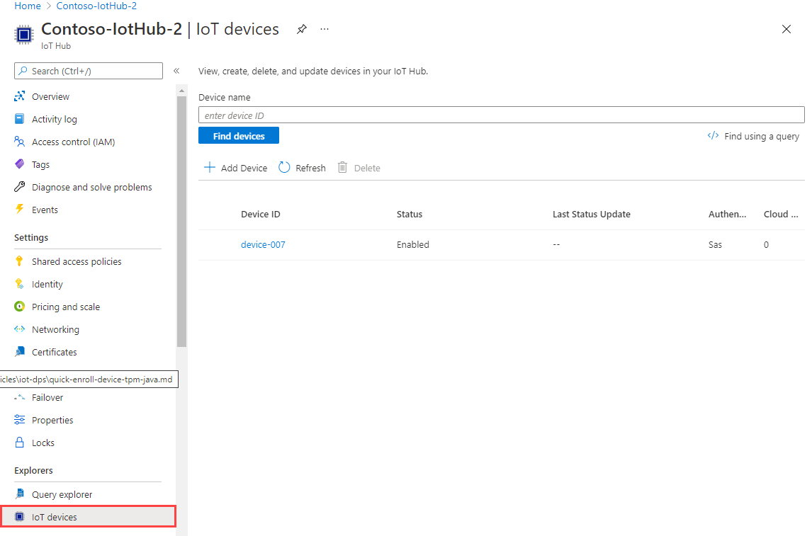 Screenshot showing that the device is registered with the IoT hub and enabled for the C example.