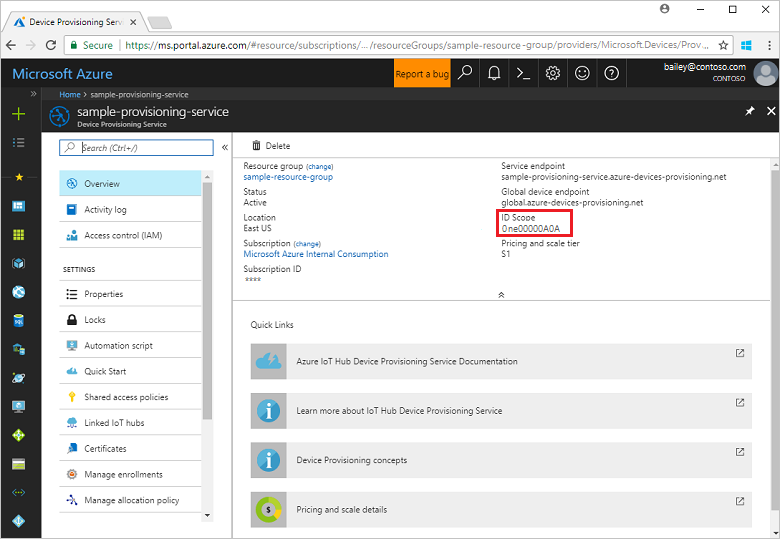 Copy provisioning service Scope ID from the portal blade