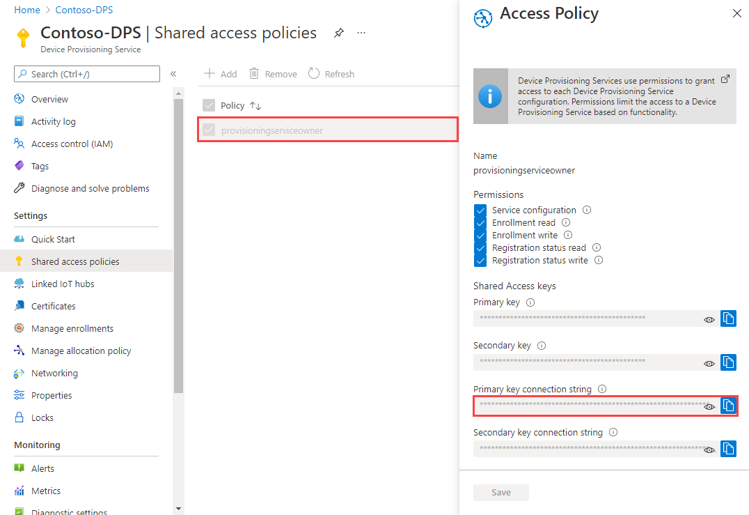 Screenshot that shows the location of the provisioning service connection string in the portal.