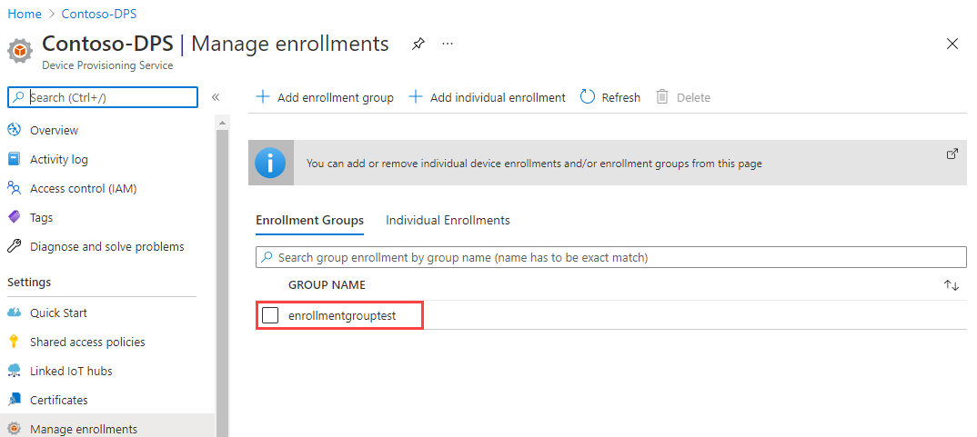 Screenshot that shows the newly created enrollment group in the portal.