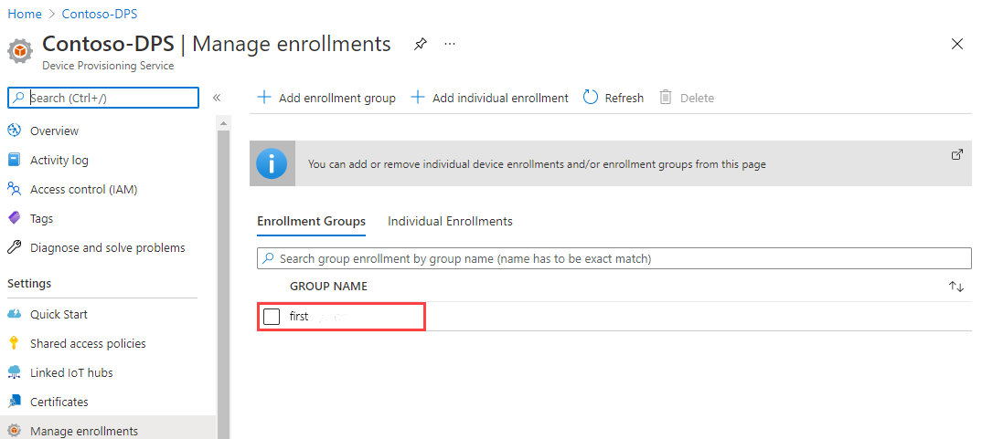 Screenshot that shows the newly created enrollment group in the portal.