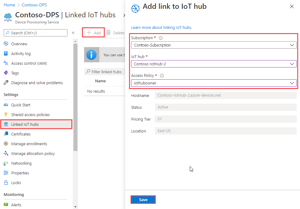 Screenshot showing how to link an IoT hub to the Device Provisioning Service instance in the portal.