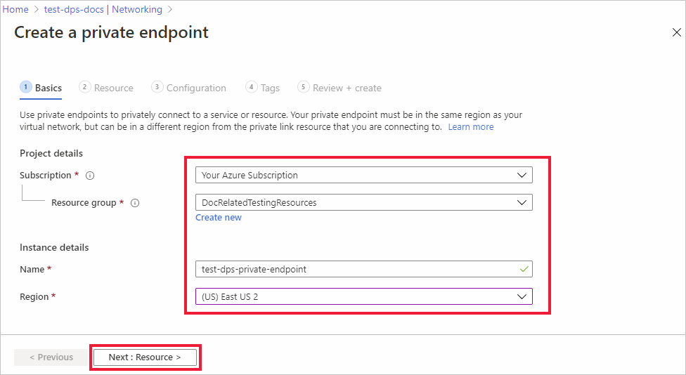 Screenshot that shows the private endpoints basics page.