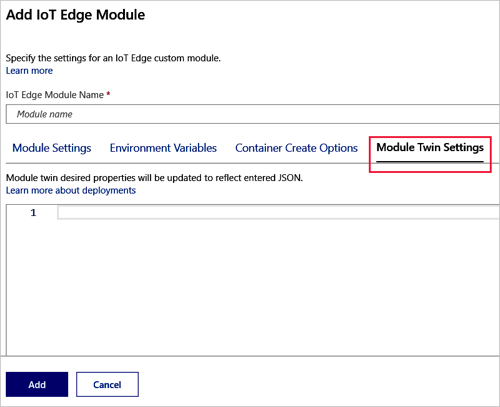 Screenshot showing the Module Twin Settings tab of the Add IoT Edge Module page.