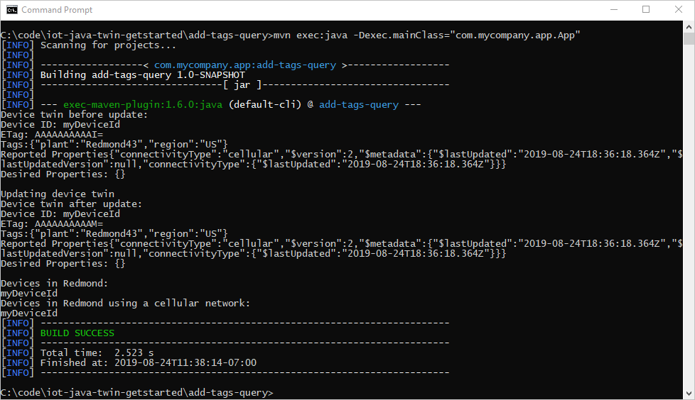 Java IoT Hub service app to update tag values and run device queries