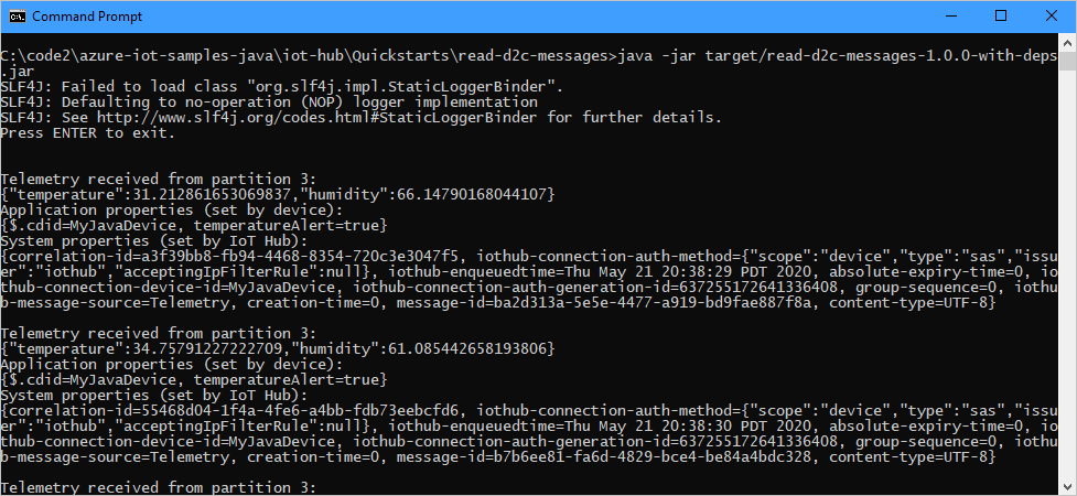 Output as back-end application receives telemetry sent to your IoT hub