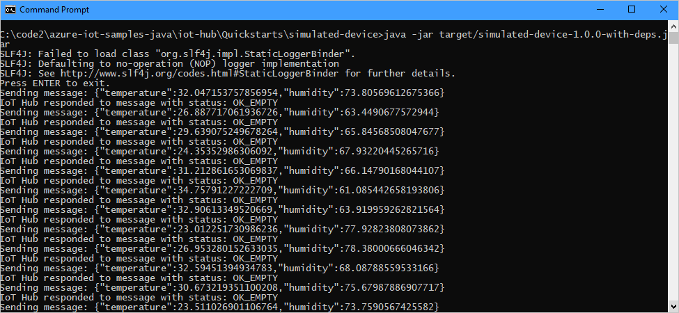 Output from telemetry sent by the device to your IoT hub