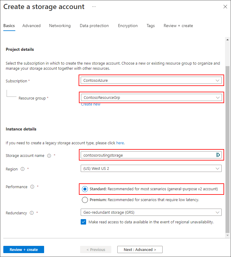 Screenshot that shows creating a storage account.