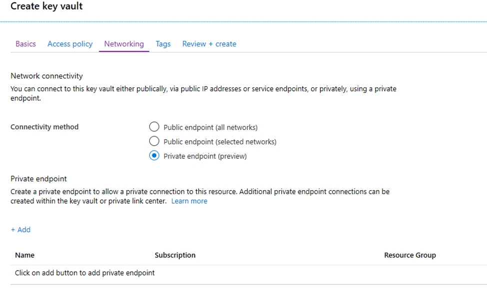 Screenshot that shows the 'Networking' tab on the 'Create key vault' page.