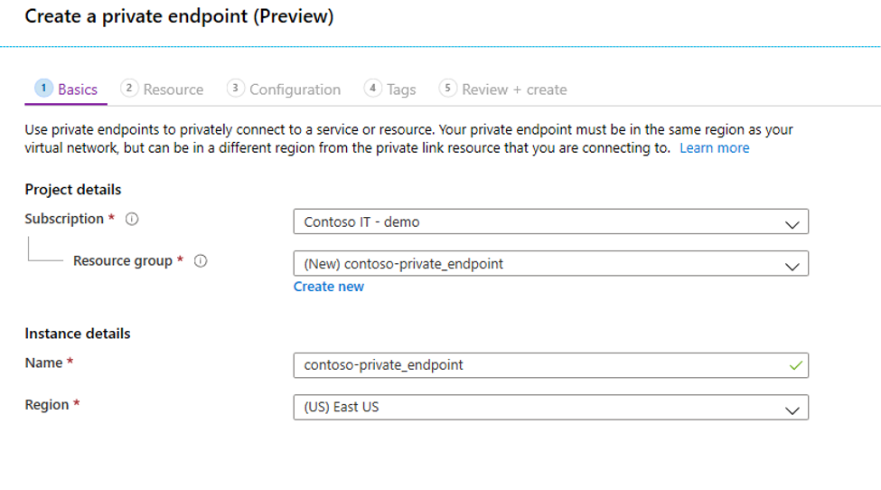 Screenshot that shows the 'Basics' tab on the 'Create a private endpoint (Preview) page.