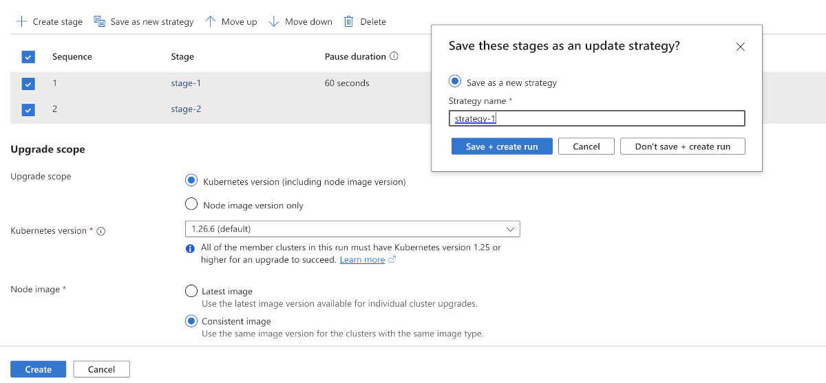 A screenshot of the Azure portal showing update run stages being saved as an update strategy.