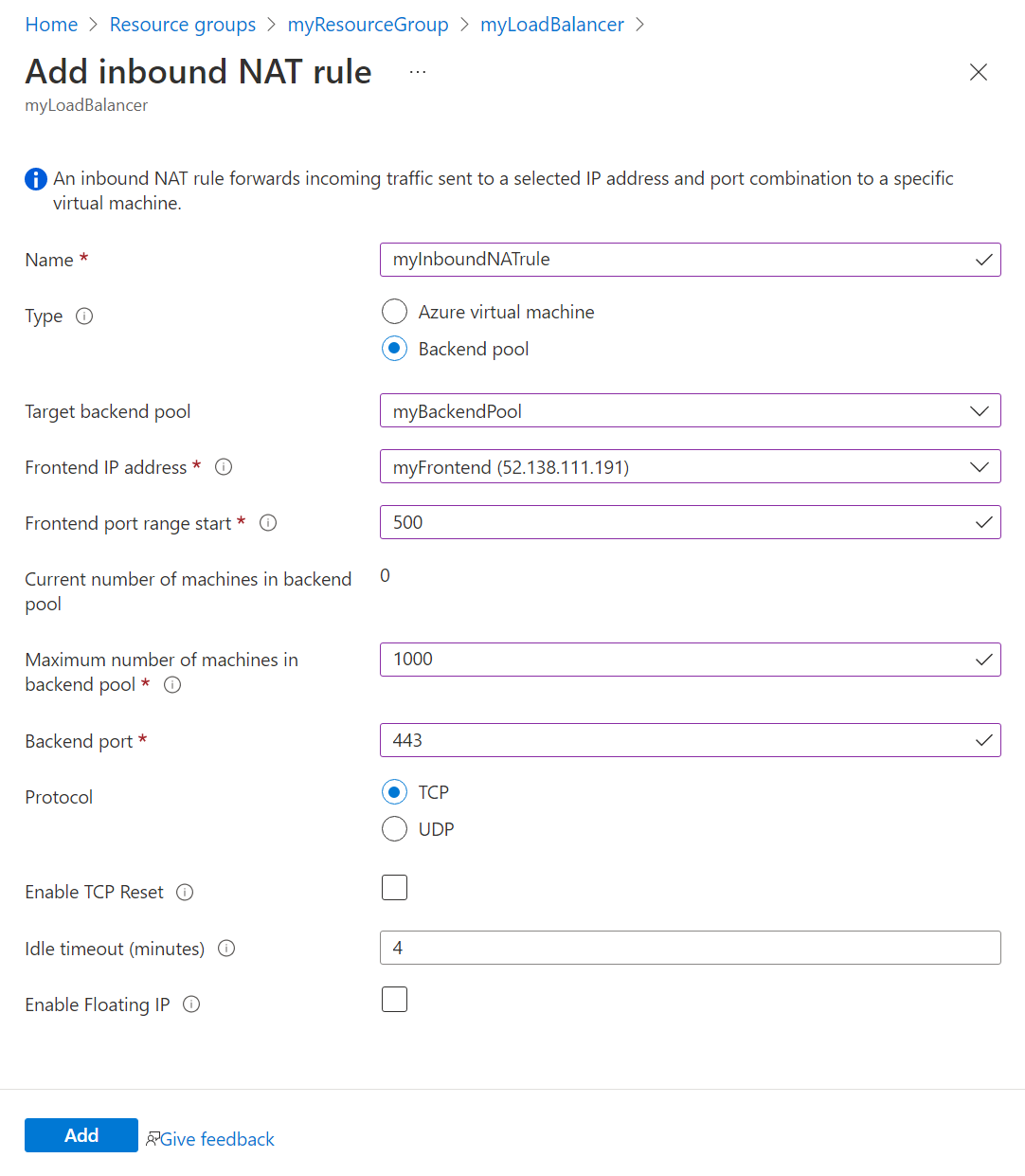 Screenshot of a multiple virtual machines inbound NAT rule.