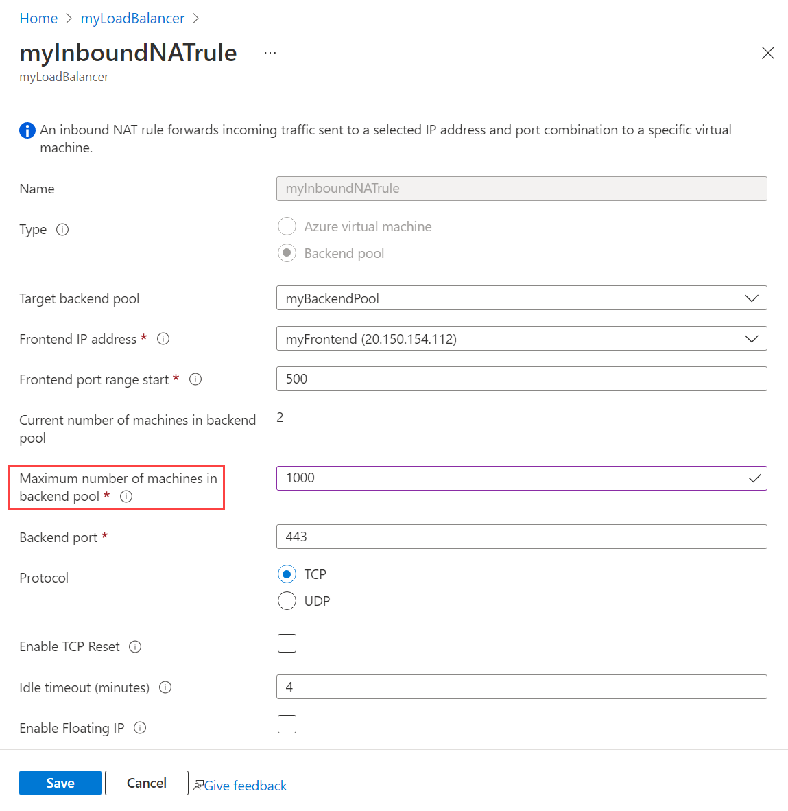 Screenshot of inbound NAT rule properties page.