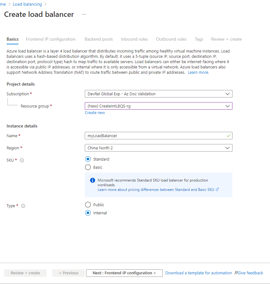 Screenshot of create standard load balancer basics tab.