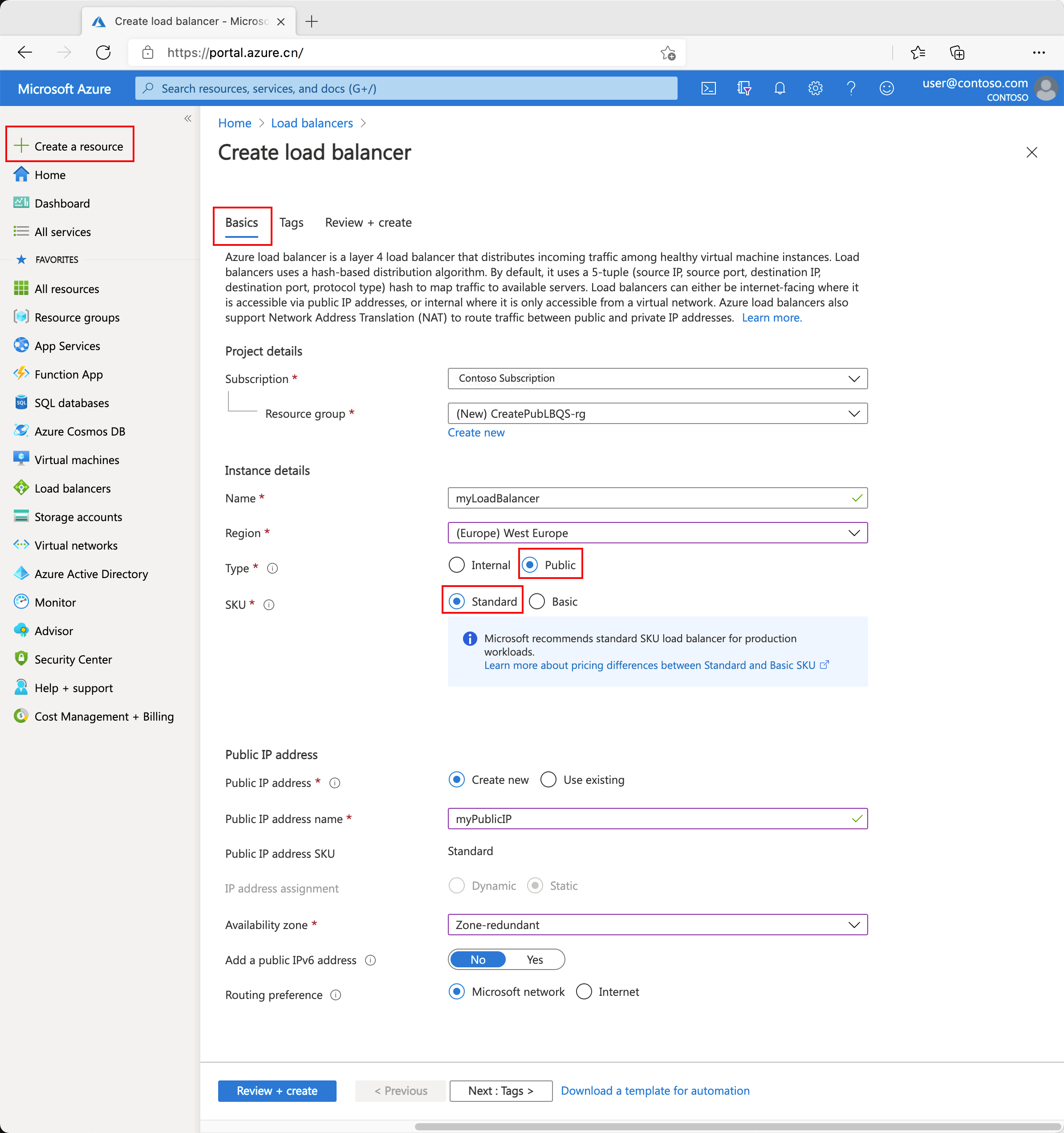 Screenshot of create standard load balancer basics tab.