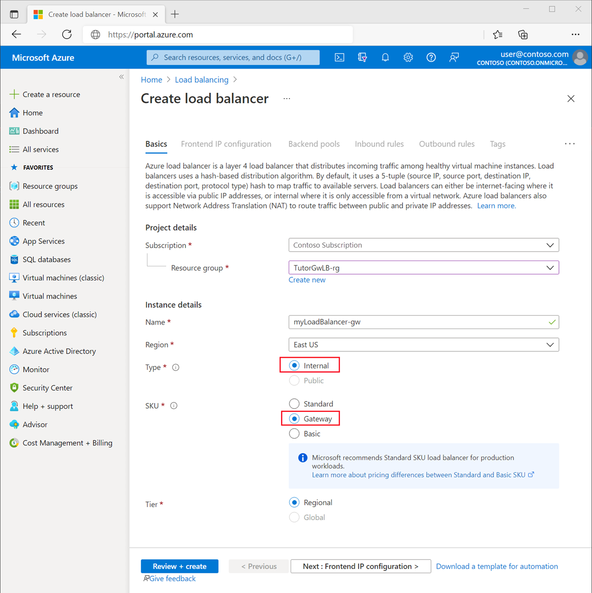 Screenshot of create standard load balancer basics tab.