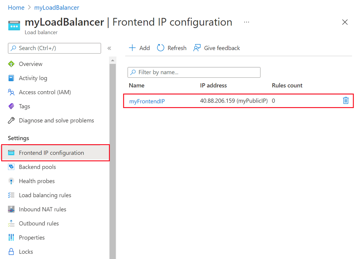 Screenshot of frontend IP configuration.