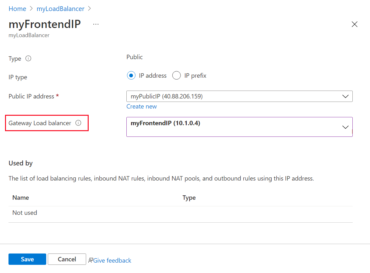 Screenshot of addition of gateway load balancer to frontend IP.