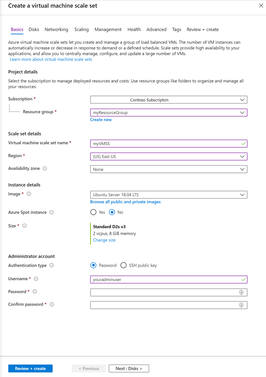 Screenshot shows the Create virtual machine scale set Basics tab.