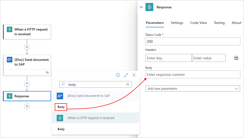 Screenshot showing selecting the SAP action output named Body for Standard workflow.