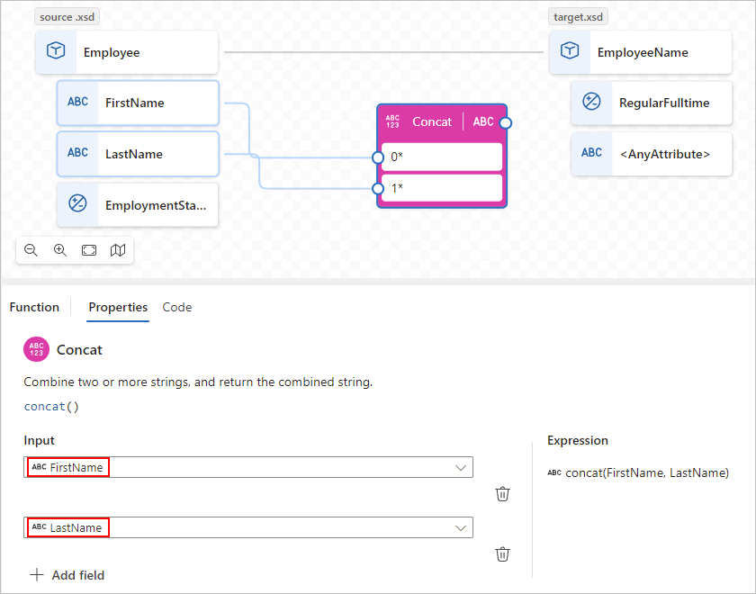 Screenshot showing multiple source data elements selected as function inputs.