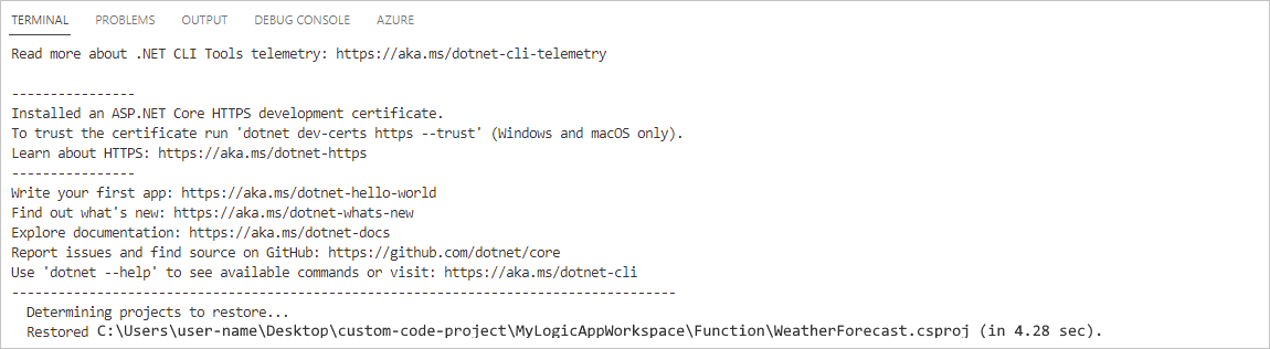 Screenshot shows Visual Studio Code, Terminal window, and completed dotnet restore command.