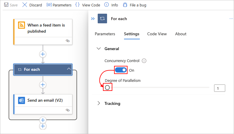 Screenshot shows Standard workflow, action named For each, concurrency control setting turned on, and degree of parallelism slider set to 1.