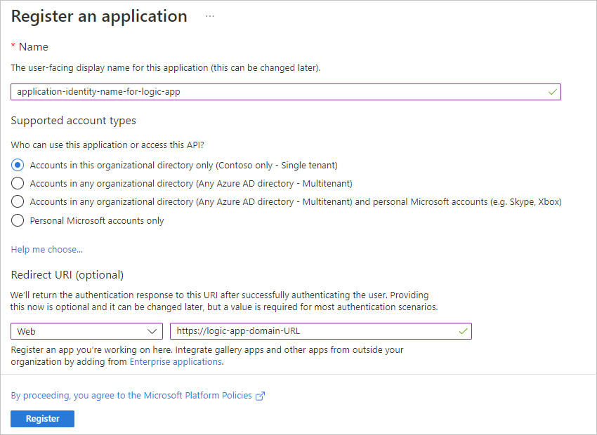 Screenshot showing "Register an application" pane with application identity name and URL where to send authentication response.