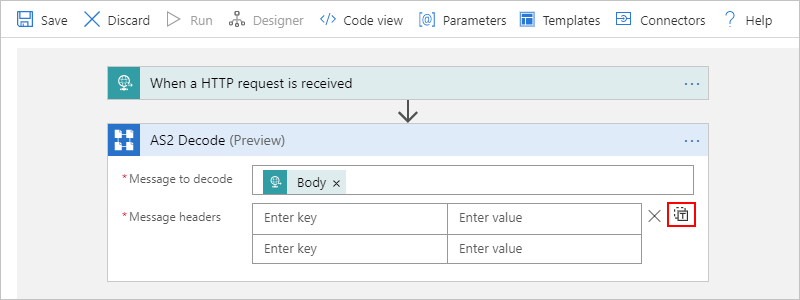 Screenshot showing multi-tenant designer with "Switch Message headers to text mode" selected.