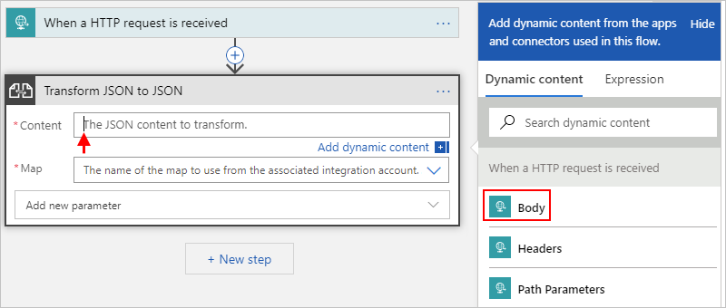 Screenshot showing Consumption workflow, Liquid action's "Content" property, an open dynamic content list, and "Body" token selected.