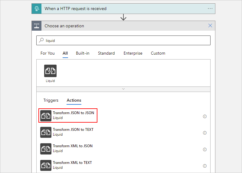 Screenshot showing Consumption workflow designer with a Liquid action selected.