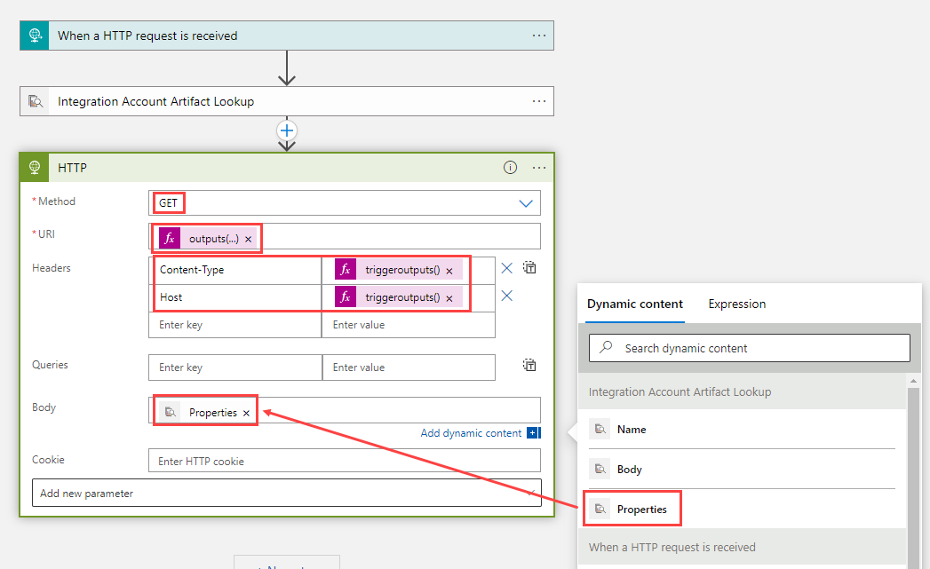 Screenshot of the designer with an HTTP action. Some property values are highlighted. The dynamic content list is open with 'Properties' highlighted.